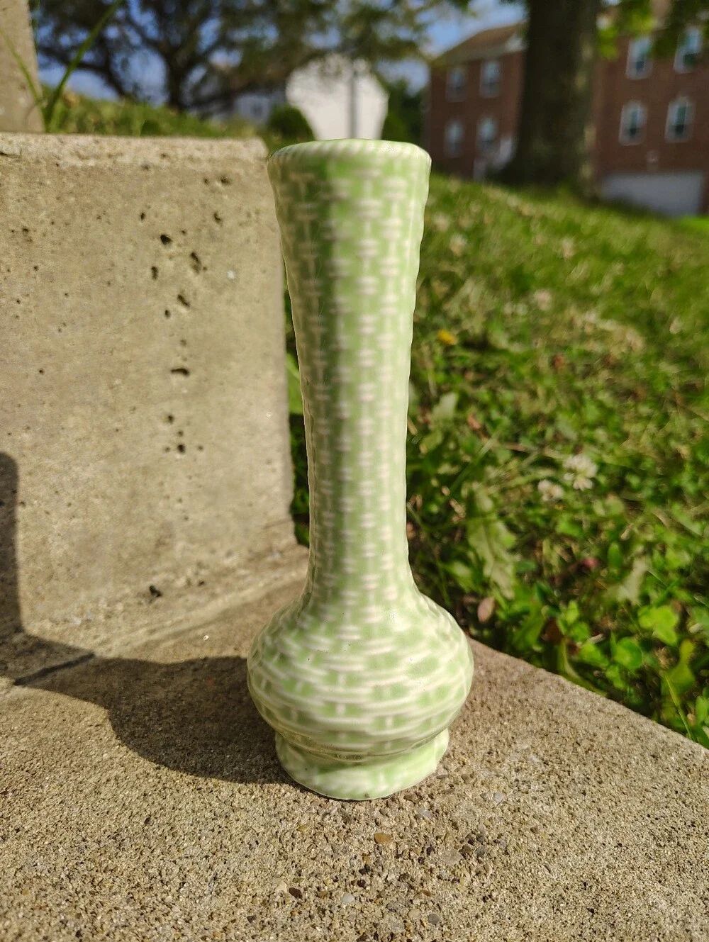 Vintage Japanese Ceramic Bud Vase Light Green Basketweave Weave Pattern Japan